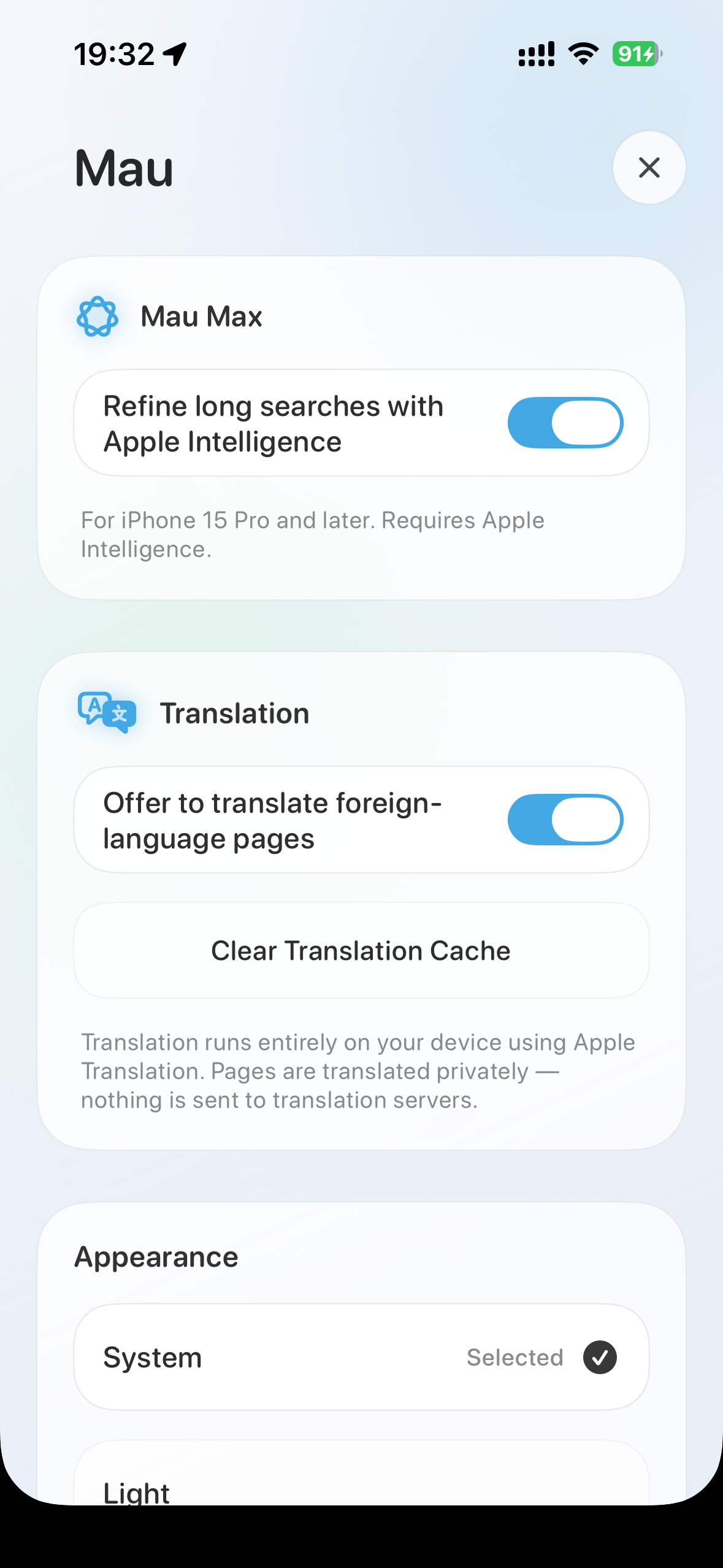 Mau Browser light theme screen