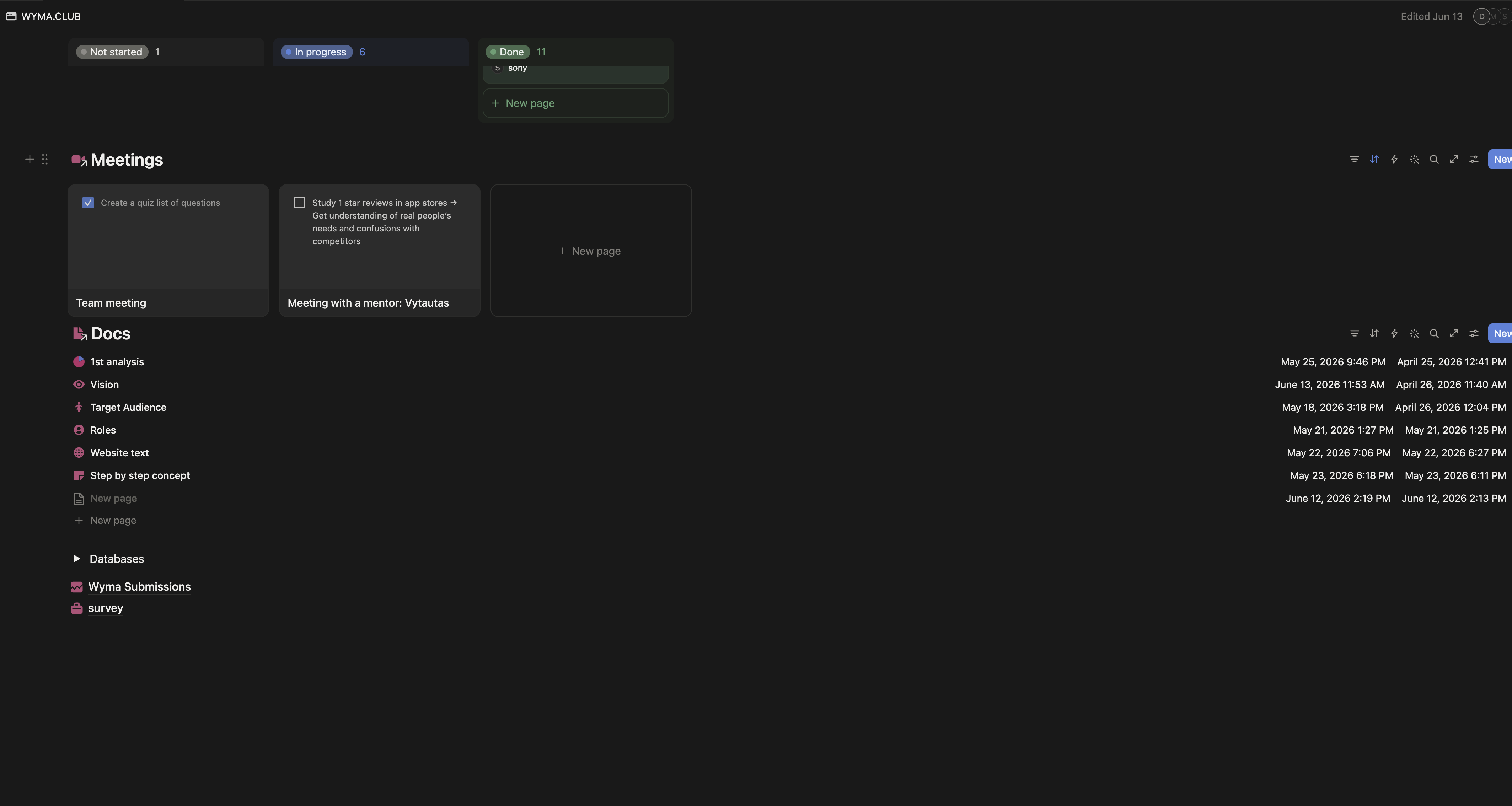 Wyma Club project planning in Notion