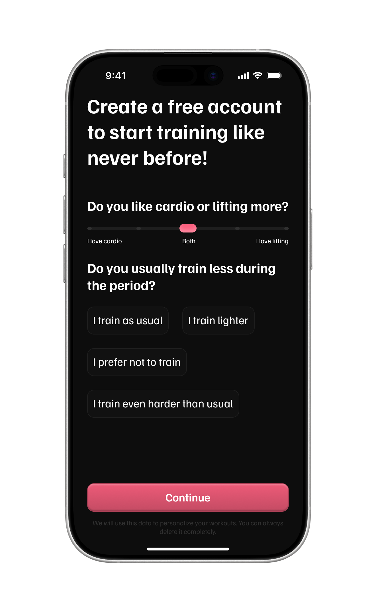 Wyma Club workout preferences screen